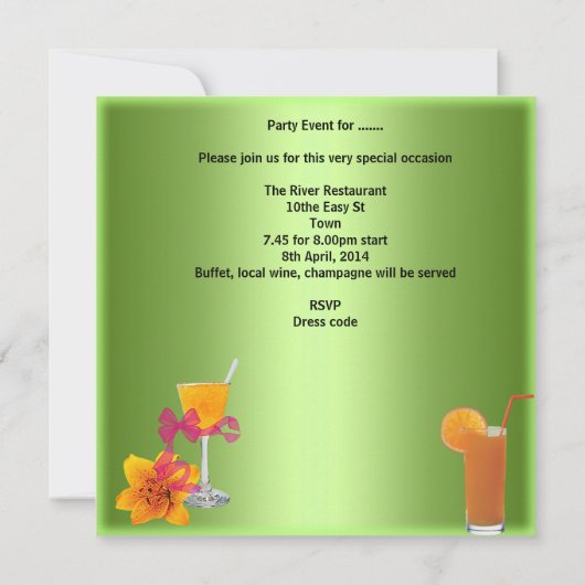 Summer Party Tropical Lime Green Cocktail Drinks Einladung (Rückseite)