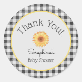 Summer Picnic Gingham Sunflower Baby Dusche Runder Aufkleber
