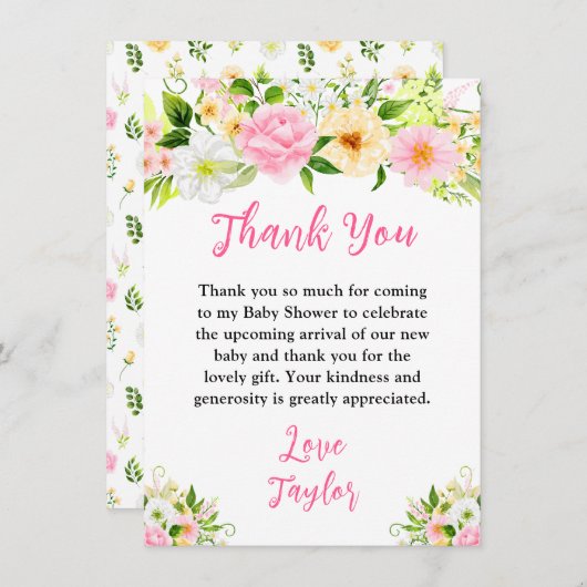 Summer Pink and Yellow Floral Baby Shower Dankeskarte (Vorne/Hinten)