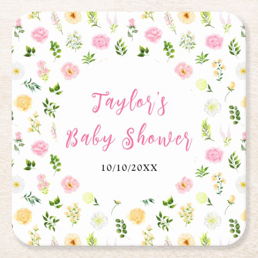 Summer Pink and Yellow Floral Baby Shower Rechteckiger Pappuntersetzer (Vorderseite)