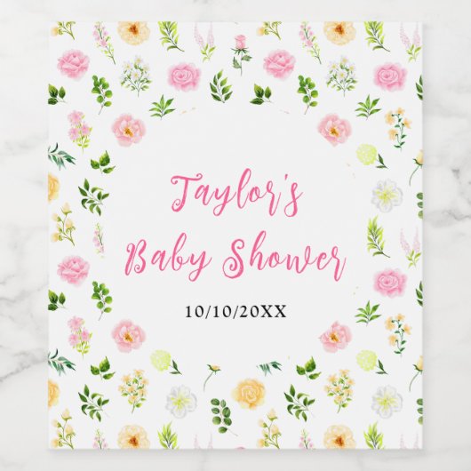 Summer Pink and Yellow Floral Baby Shower Weinetikett (Einzelnes Label)
