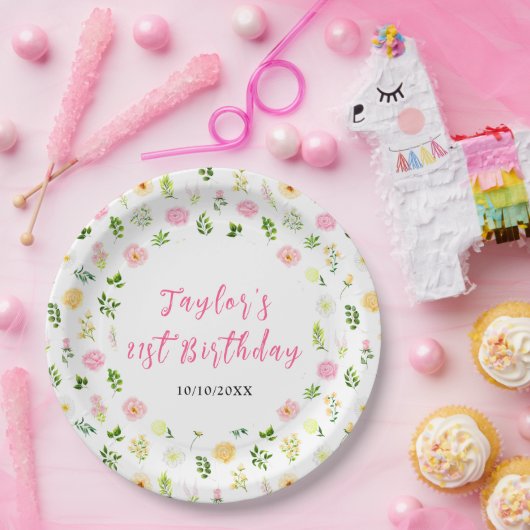 Summer Pink and Yellow Floral Birthday Pappteller (Party)