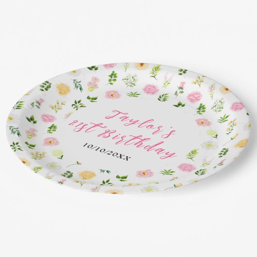 Summer Pink and Yellow Floral Birthday Pappteller (Schrägansicht)