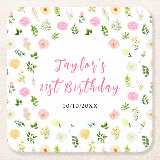 Summer Pink and Yellow Floral Birthday Rechteckiger Pappuntersetzer (Vorderseite)