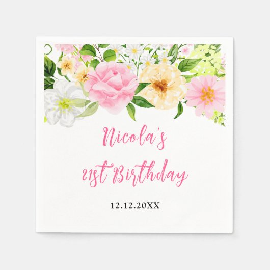 Summer Pink and Yellow Floral Birthday Serviette (Vorderseite)