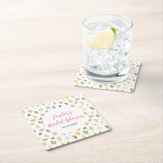 Summer Pink and Yellow Floral Bridal Shower Rechteckiger Pappuntersetzer (Vor Ort)