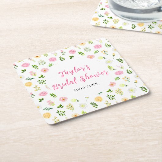 Summer Pink and Yellow Floral Bridal Shower Rechteckiger Pappuntersetzer (angewinkelt)