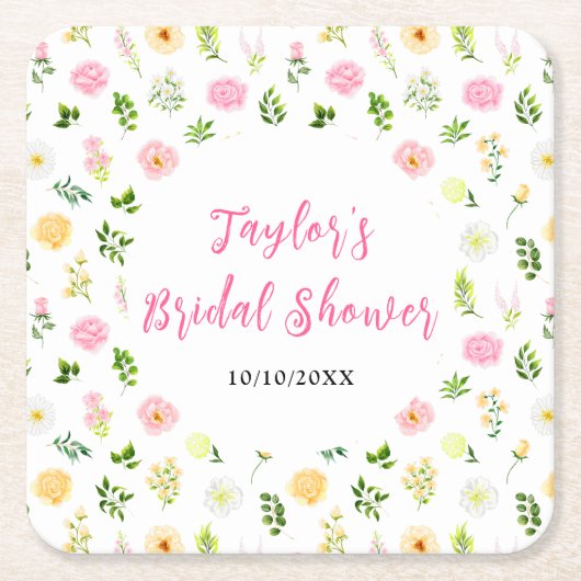 Summer Pink and Yellow Floral Bridal Shower Rechteckiger Pappuntersetzer (Vorderseite)