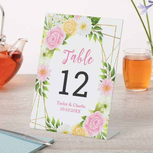 Summer Pink and Yellow Floral Wedding Table Number Sockelschild (In Situ)