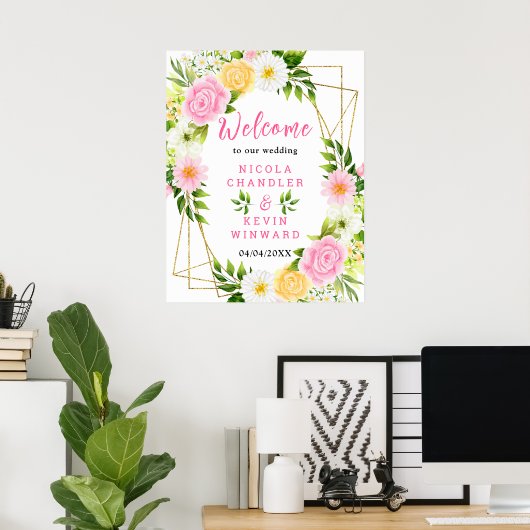 Summer Pink and Yellow Flower Wedding Welcome Sign Poster (Heimbüro)