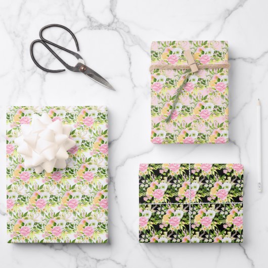 Summer Pink and Yellow Flowers and Foliage Geschenkpapier Set (Vorderseite)