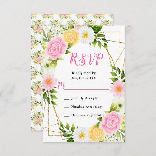 Summer Pink and Yellow Flowers and Foliage RSVP Karte (Vorne/Hinten)