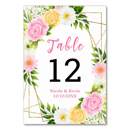 Summer Pink and Yellow Flowers and Foliage Tischnummer (Vorderseite)