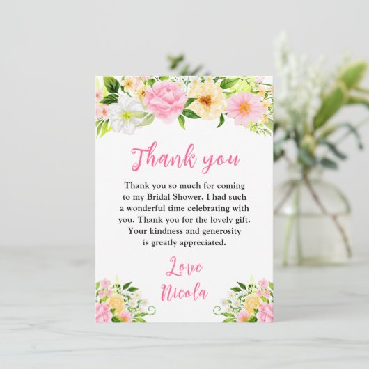 Summer Pink and Yellow Flowers Bridal Shower Dankeskarte (Stehend Vorderseite)
