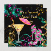 Summer Pink Black Beach Pool Party Einladung (Vorne/Hinten)
