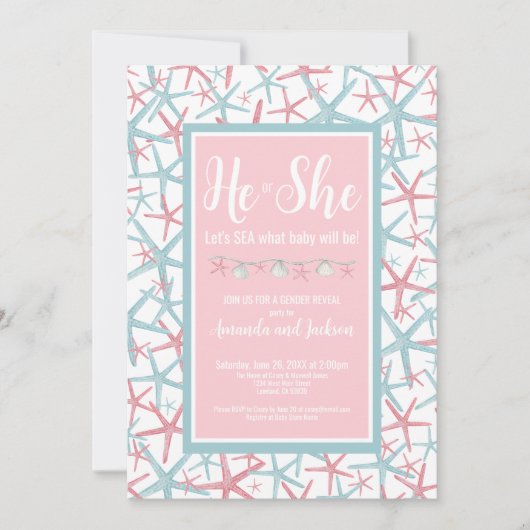 Summer Pink Blue He She Geschlecht offenbart Party Einladung (Vorderseite)