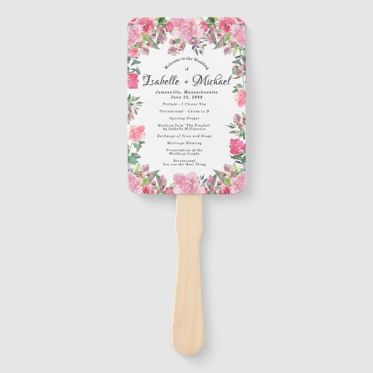 Summer Pink Rose Floral Wedding Programm Hand Fan Fächer (Vorderseite)