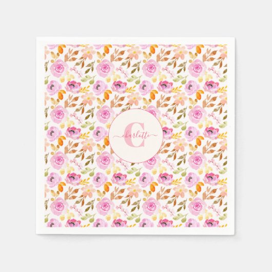 Summer Pink Watercolor Floral Monogramm und Name Serviette (Vorderseite)