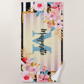 Summer Pink Watercolor Floral Monogramm und Name Strandtuch (Vorderseite)