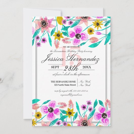 Summer Pink Yellow Floral Wasserfarbe Quinceña Einladung (Vorderseite)