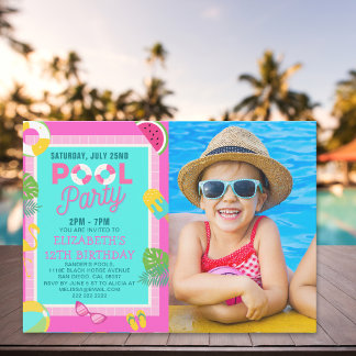 Summer Pool Birthday Bash Girl wIth Photo Einladung
