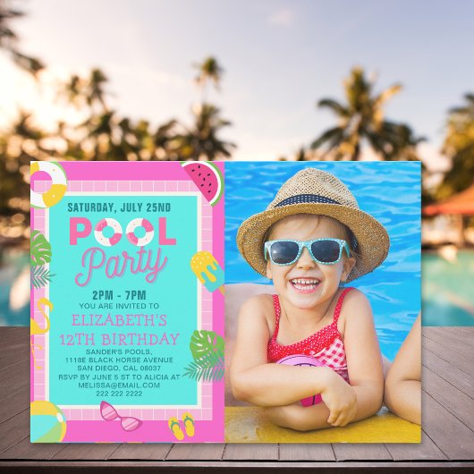 Summer Pool Birthday Bash Girl wIth Photo Einladung