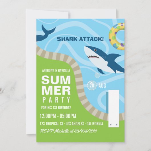Summer Pool Birthday Party zum Thema Haifisch Einladung (Vorderseite)