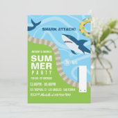Summer Pool Birthday Party zum Thema Haifisch Einladung (Stehend Vorderseite)