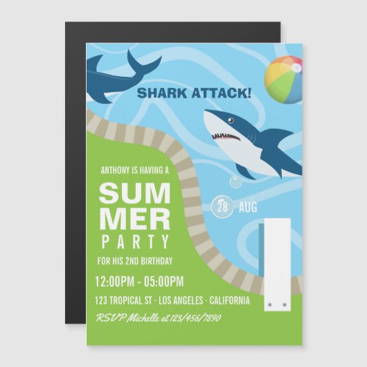 Summer Pool Birthday Party zum Thema Haifisch Magneteinladung (Vorne/Hinten)