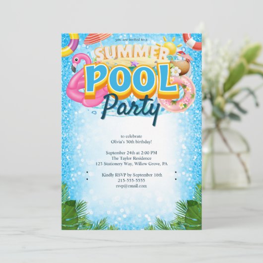 Summer Pool Party 30. Geburtstag Einladung (Stehend Vorderseite)