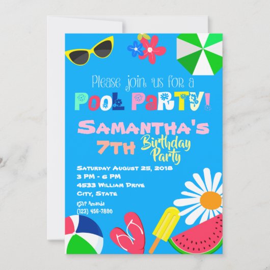 Summer Pool Party Birthday Beach Ball Sonnenbrille Einladung (Vorderseite)