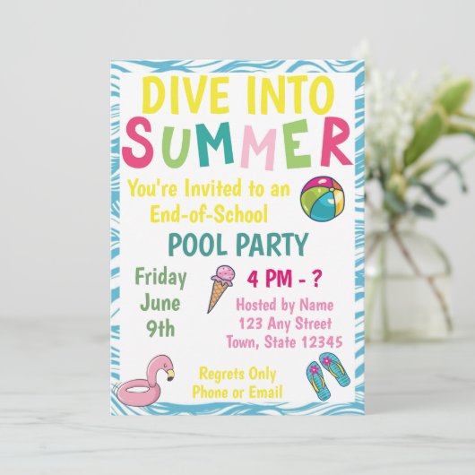 Summer Pool Party Einladung (Stehend Vorderseite)