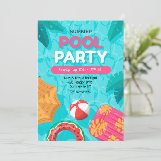 Summer Pool Party Einladung (Stehend Vorderseite)