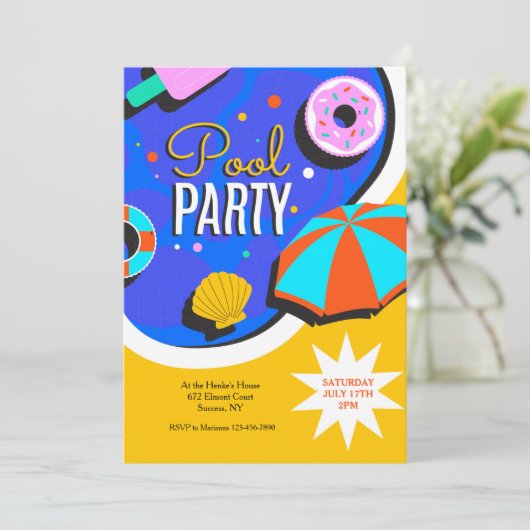 Summer Pool Party Einladung (Stehend Vorderseite)