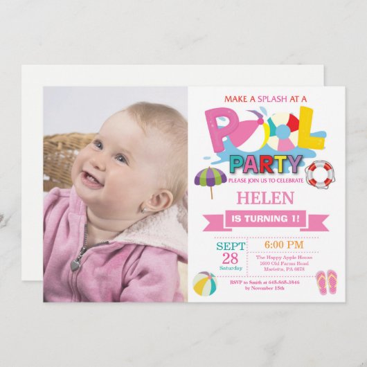 Summer Pool Party Einladung Splash Girl (Vorne/Hinten)