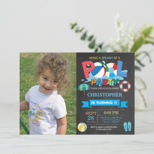 Summer Pool Party Einladung Splish Splash Boy (Stehend Vorderseite)