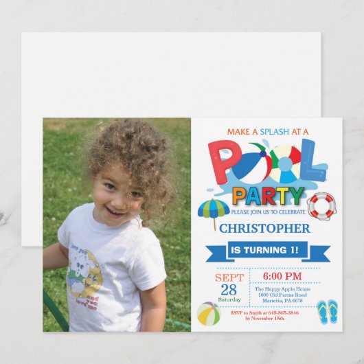 Summer Pool Party Einladung Splish Splash Boy (Vorne/Hinten)