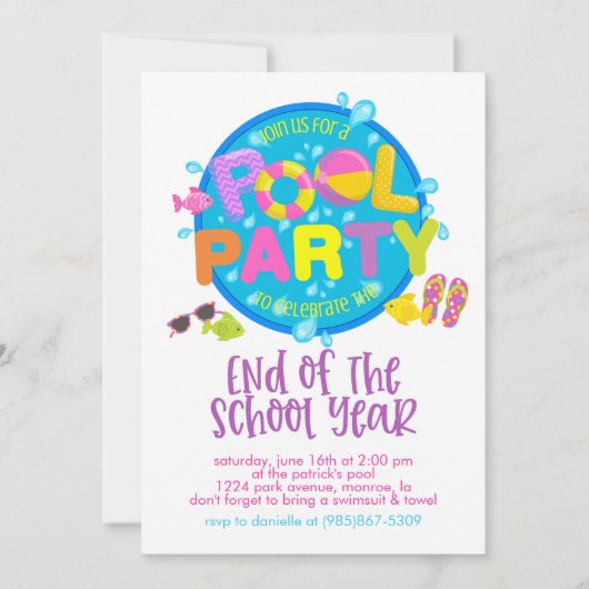 Summer Pool Party, Ende des Schuljahres Party Einladung (Vorderseite)