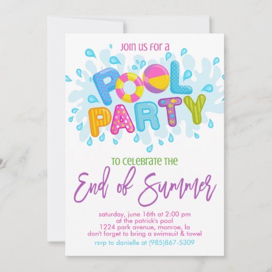 Summer Pool Party, Ende des Schuljahres Party Einladung (Vorderseite)