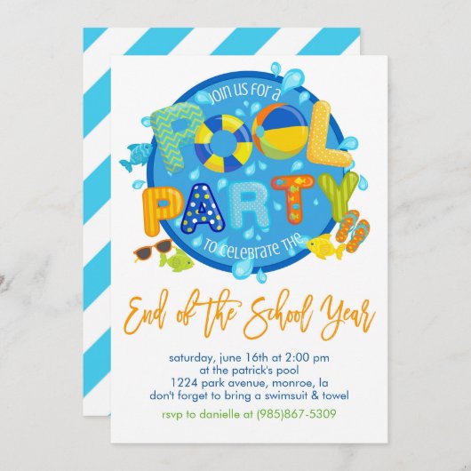 Summer Pool Party, Ende des Schuljahres Party Einladung (Vorne/Hinten)