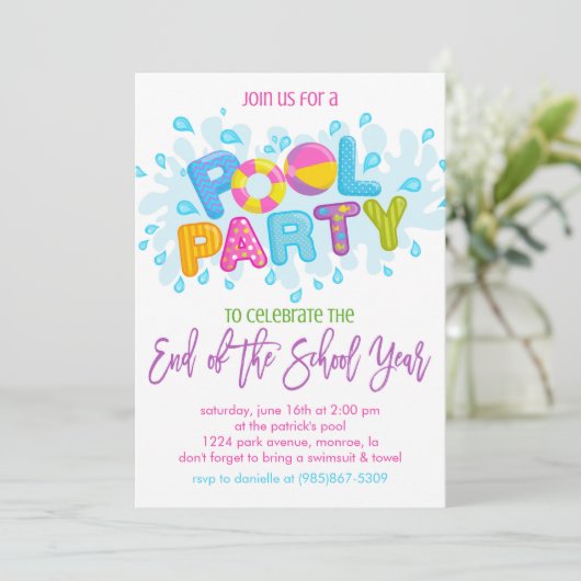 Summer Pool Party, Ende des Schuljahres Party Einladung (Stehend Vorderseite)
