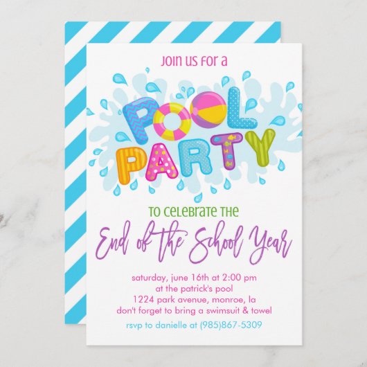 Summer Pool Party, Ende des Schuljahres Party Einladung (Vorne/Hinten)