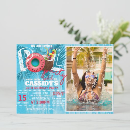 Summer Pool Party Foto Geburtstag Einladung (Stehend Vorderseite)