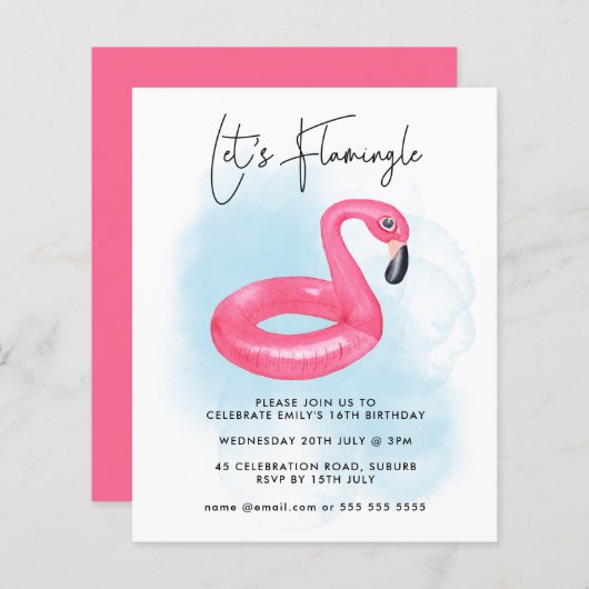 Summer Pool Party Pink Flamingo Teen Birthday Invi (Vorne/Hinten)