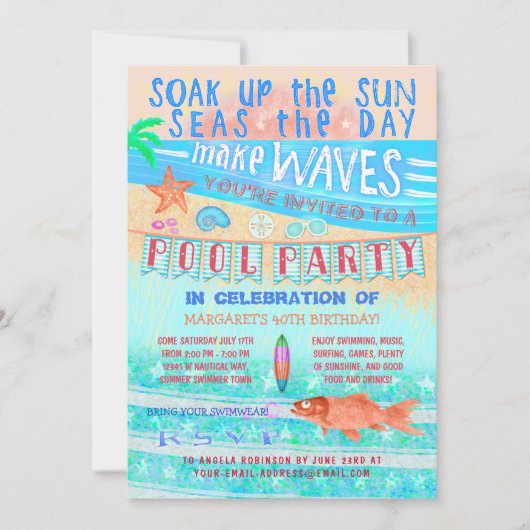 Summer Pool Party Schwimmen Fisch und Strand Einladung (Vorderseite)