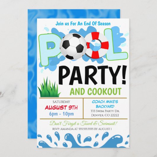 Summer Pool Soccer Party Einladung (Vorne/Hinten)