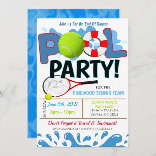 Summer Pool Tennis Party Einladung (Vorne/Hinten)