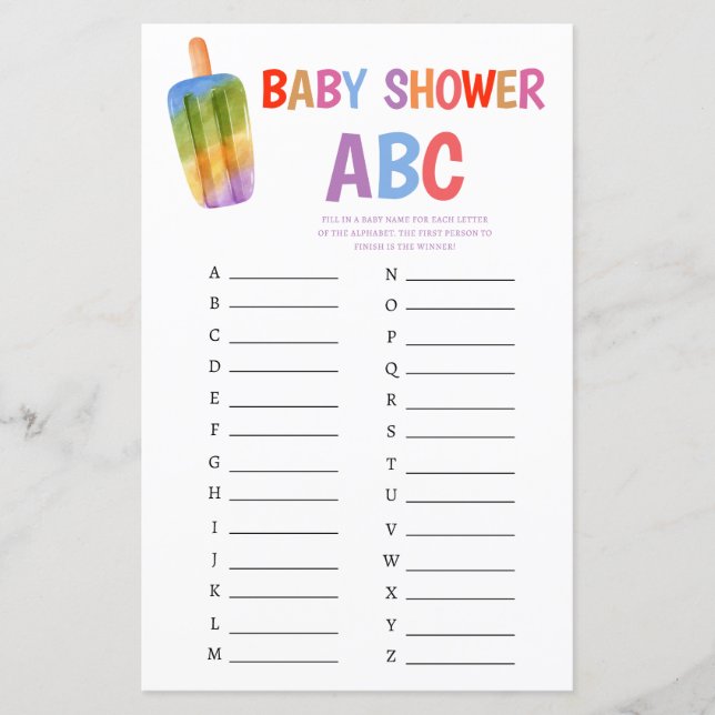 Summer Popsicle Baby Shower Game ABC (Vorderseite)