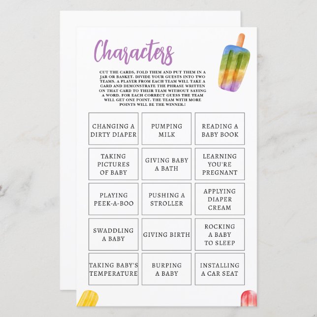 Summer Popsicle Baby Shower Game Charaktere (Vorne/Hinten)