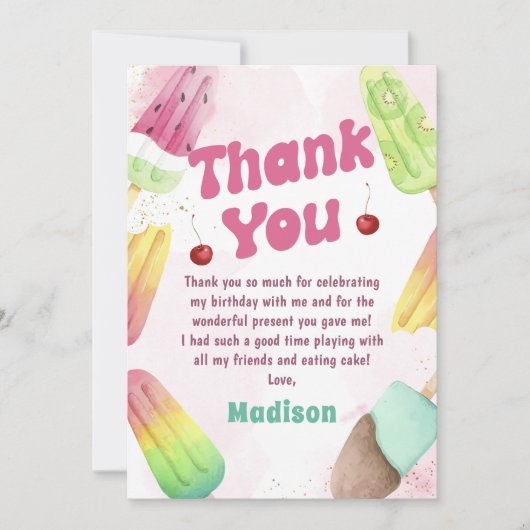 Summer Popsil Pink Girl Geburtstag Danke Karte (Vorderseite)